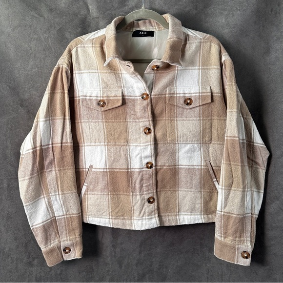ABLE Plaid Shacket Cropped Boxy Taupe Cream Lined Button Down Women’s Medium - Picture 5 of 11